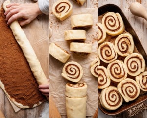 Overhead view of unbaked cinnamon rolls arranged snugly in a baking dish, showing visible cinnamon swirls before rising overnight.