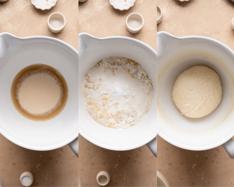 Overhead collage showing yeast blooming in warm liquid, flour added to the bowl, and pretzel dough mixed into a smooth ball.
