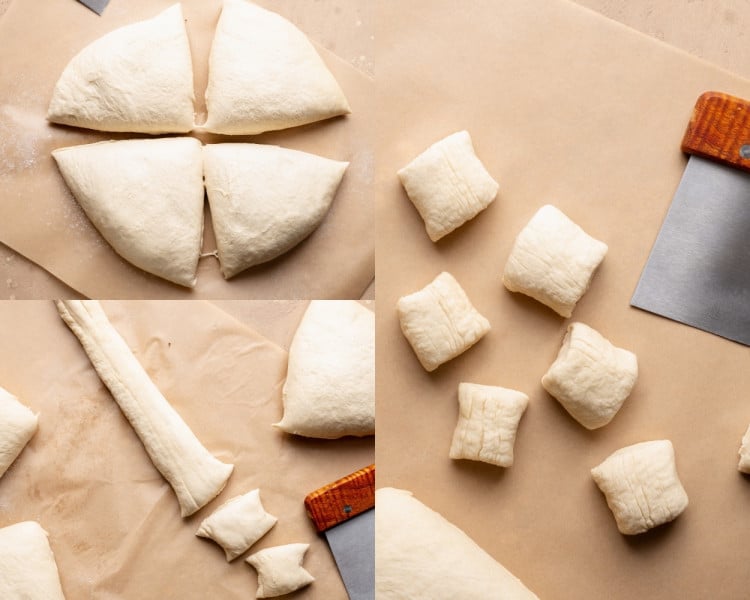 Overhead collage showing pretzel dough divided into portions, rolled into ropes, and cut into bite-size pieces with a bench scraper.