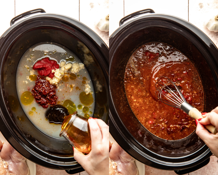 Side-by-side image of adding all the sauce ingredients to the slow cooker and stirring to combine.