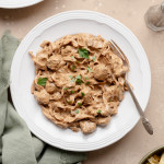 Beef stroganoff on a white plate with fork on the right side.