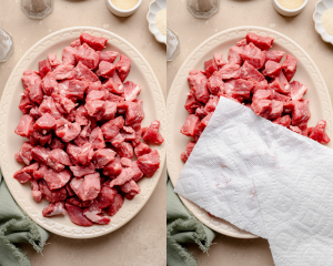 Side-by-side image showing the cubed beef being patted dry with a paper towel.