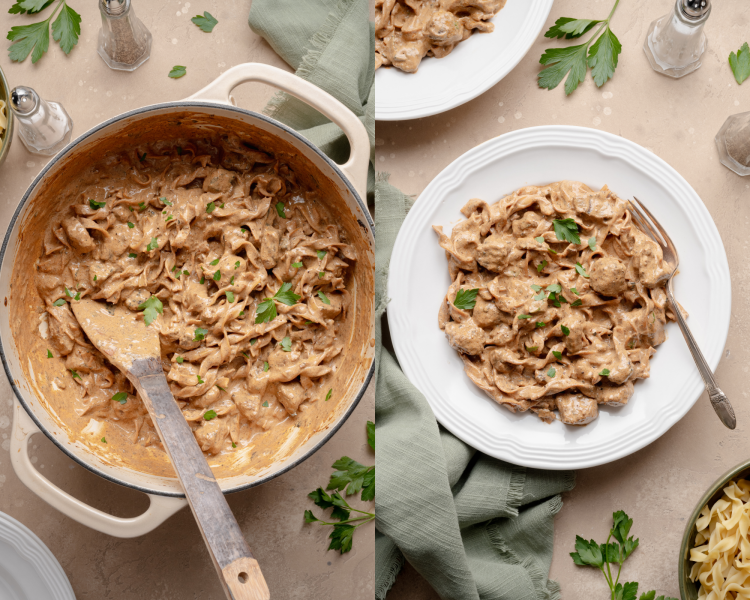 Side-by-side image of beef stroganoff finished in dutch oven then plated on white plate with fork.