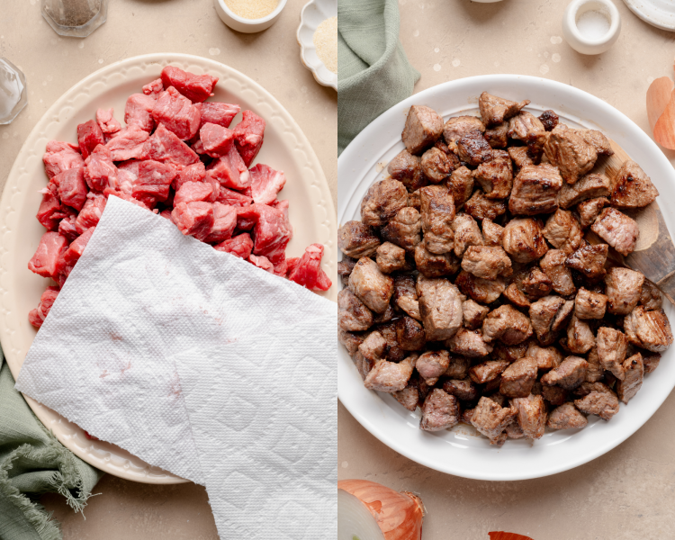 Side-by-side image of patting the cubed beef dry then adding the cooked beef to a separate plate to the side.