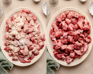 Side-by-side image of adding the seasoned to the dried beef and mixing to combine.