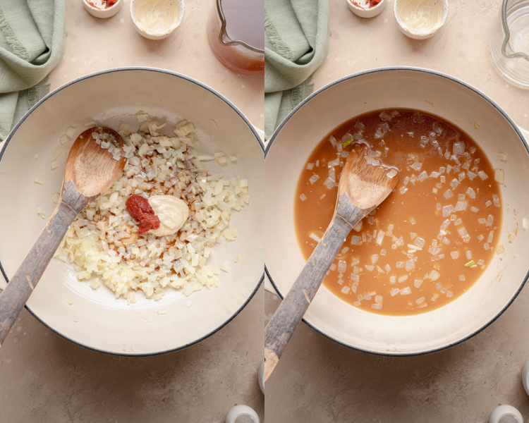 Side-by-side image of adding the tomato paste and dijon mustard to the onions and garlic then adding the beef broth and stirring to combine.