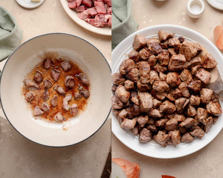 Side-by-side image of searing the beef in a pan then adding the seared beef to a plate on the side.