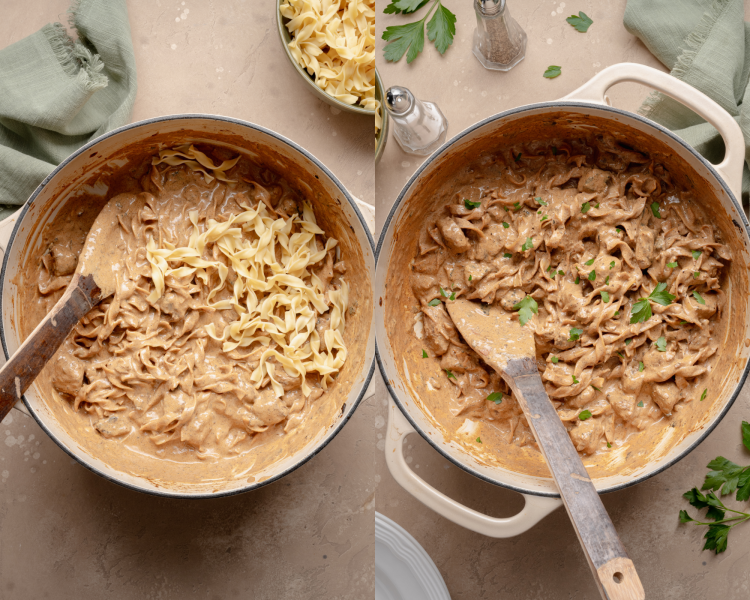 Side-by-side image of adding cooked egg noodles to dutch oven then stirring and finishing off with fresh parsley.