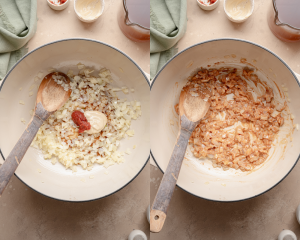 Side-by-side image of adding the dijon mustard, tomato paste and Worcestershire to the garlic and onions and mixing to combine.