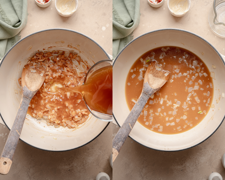 Side-by-side image of adding the beef stock to the garlic and onions and scraping up to get the browned bits off the bottom on the pan.