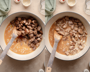 Side-by-side image of adding the beef back into the stock pot and bringing to a low simmer.