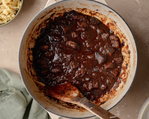 Beef cooked in sauce on low for 2 hours in dutch oven.