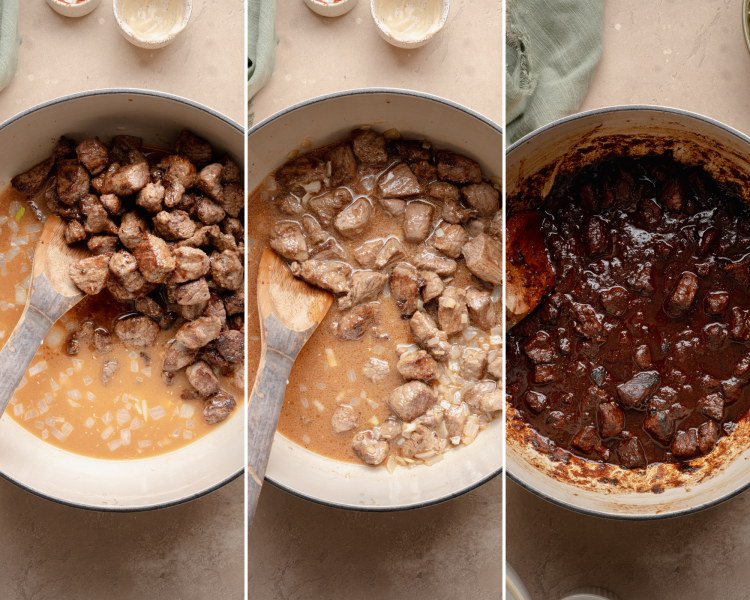 Three images showing adding the beef back into the pot and cooking on low for 2 hours.