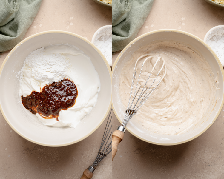 Side-by-side image of adding ingredients for sour cream sauce to a small bowl and mixing to combine.