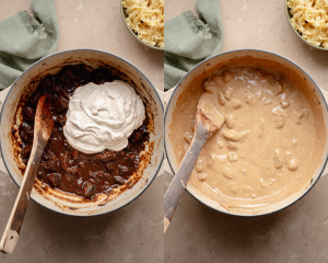 Side-by-side of adding sour cream sauce to beef cooked beef then stirring to combine.