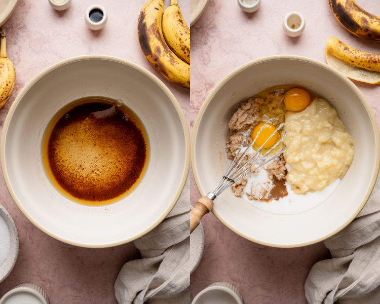 Side-by-side image of whisking wet ingredients together in mixing bowl.
