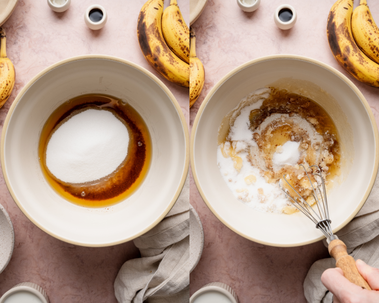 Side-by-side image of mixing the brown butter and sugar together.
