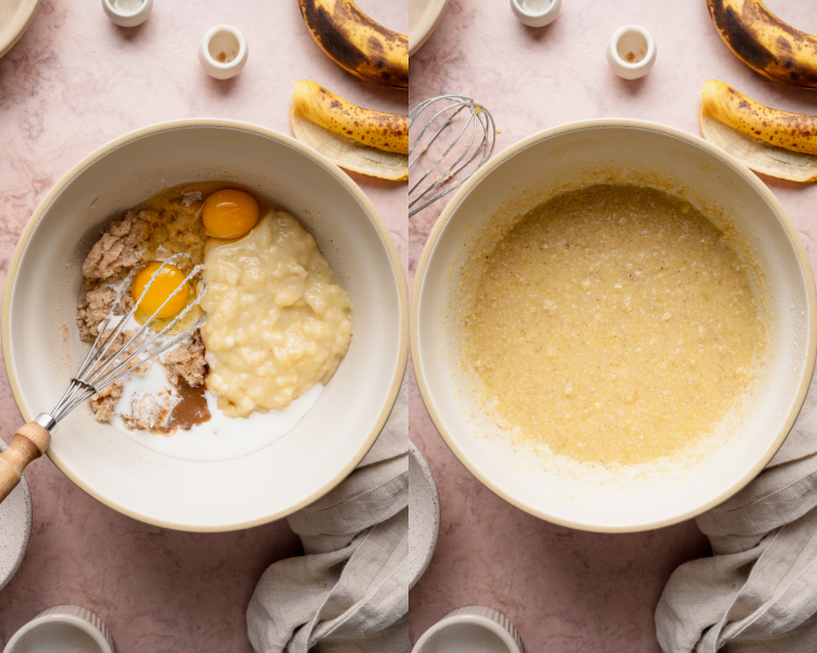 Side-by-side image of mixing the remaining wet ingredients together.