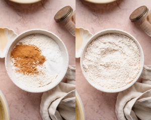 Side-by-side image of whisking dry ingredients together.