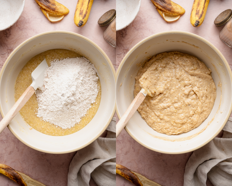 Side-by-side image of adding the dry ingredients to the wet ingredients and mixing until combined.