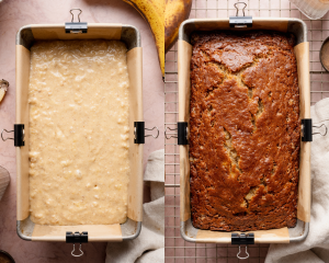 Side-by-side image of banana bread batter poured into prepared loaf pan then baked for ~60 minutes.