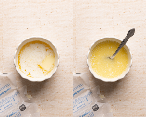 Side-by-side image of melting butter and letting it cool before adding to brownie mixture.