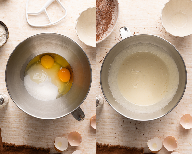 Side-by-side image of beating eggs and sugar together for 8-10 minutes.