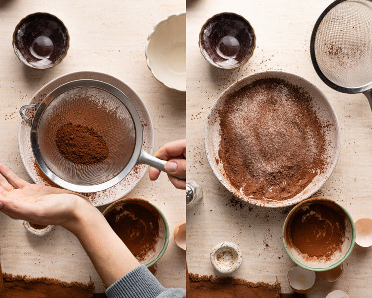 Side-by-side image of sifting dry ingredients together for brownie pudding.