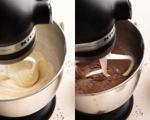 Side-by-side of mixing all the ingredients together for brownie pudding.