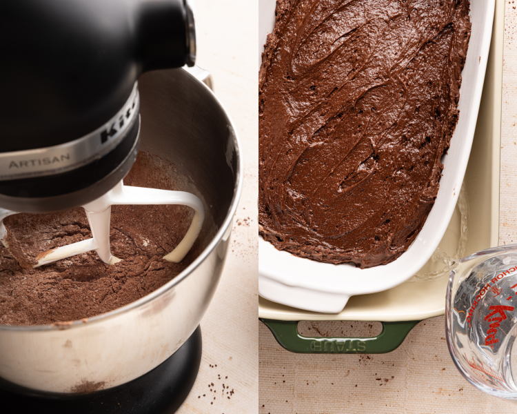 Side-by-side image of combining all the ingredients for brownie pudding and preparing in a water bath to bake.