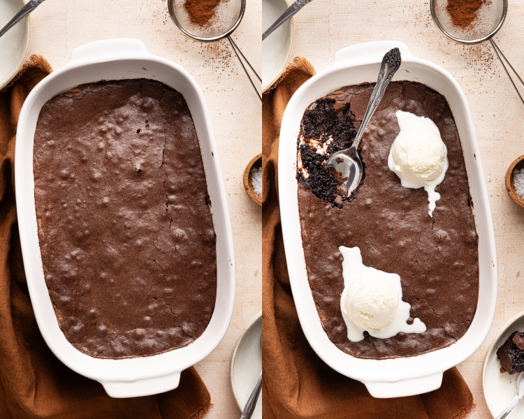Side-by-side image of baked brownie pudding in baking dish then topped with two scoops of ice cream and spoon digging in.