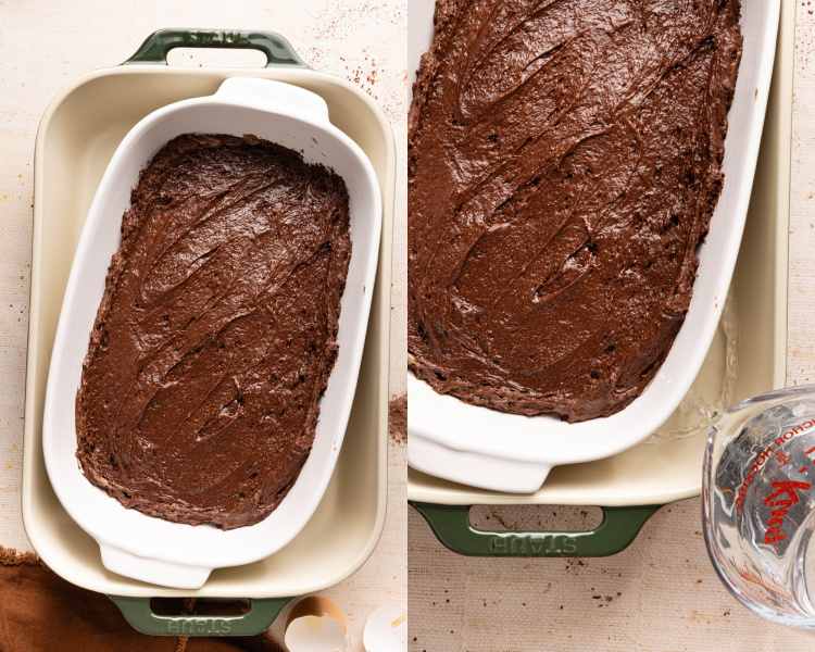 SIde-by-side of adding brownie pudding mixture in a baking dish inside a water bath to bake.
