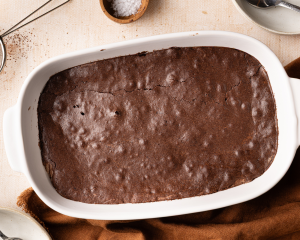 Brownie pudding baked in dish.