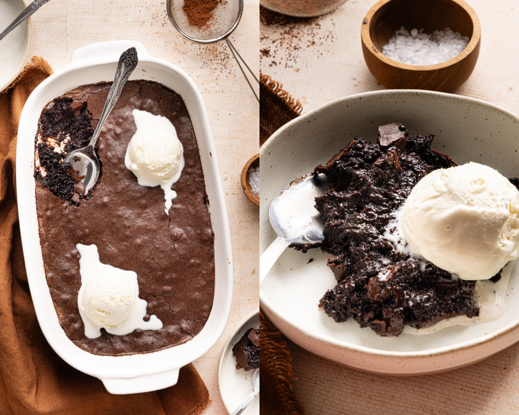 Side-by-side image of topping brownie pudding with vanilla ice cream in baking dish then placing brownie pudding in bowl with scoop of ice cream.