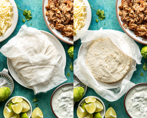 Side-by-side image showing how to wrap the tortillas in a damp paper bowl and heat them.
