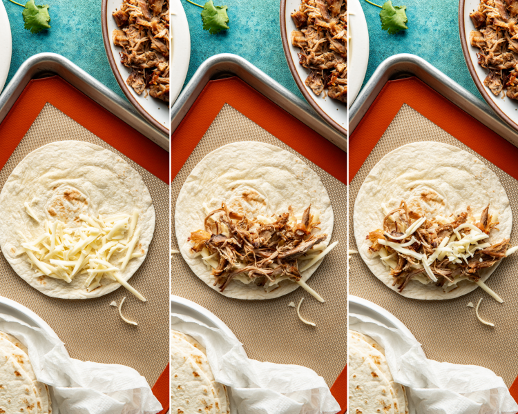 Three images side by side showing how to assemble the tacos with cheese and shredded pork.