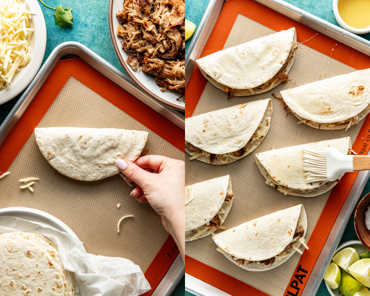 Side-by-side image of folding taco over then brushing with oil before baking.