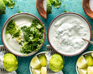 Side-by-side image of adding all the ingredients for the cilantro crema in a small bowl and mixing until combined.