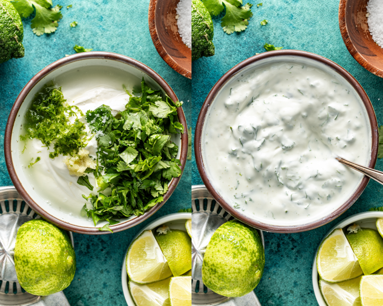 Side-by-side image of adding all the ingredients for the cilantro crema in a small bowl and mixing until combined.
