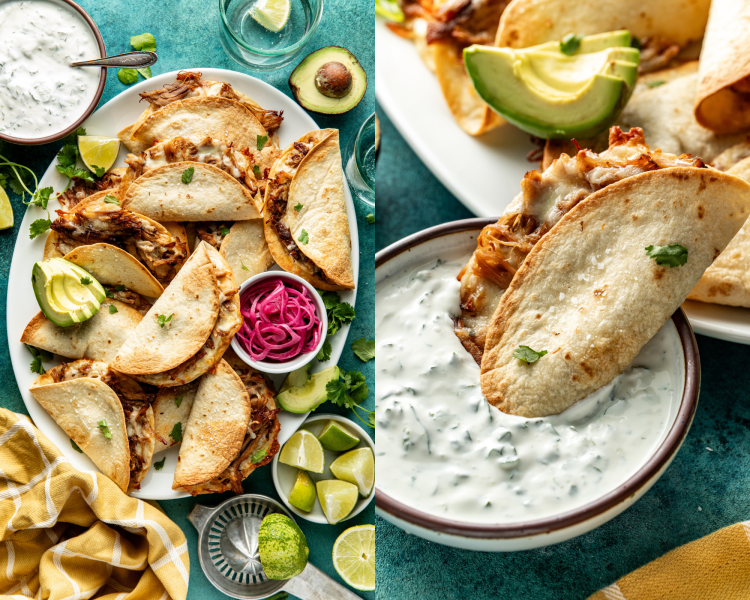 Side-by-side image of pork carnitas tacos on plate garnished with toppings then beside it a picture of a taco being dipped in the cilantro crema.
