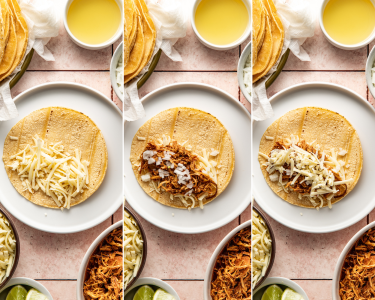 Three photos showing assembling the tacos with cheese, chicken and onion.