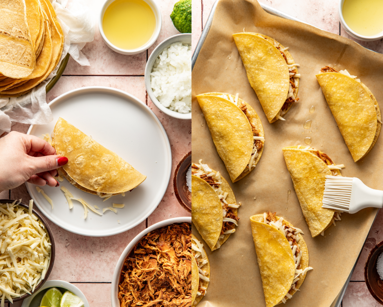 Side-by-side image of folding taco over then brushing with oil.