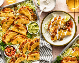 Side-by-side image showing tacos on baking tray and plate with toppings.