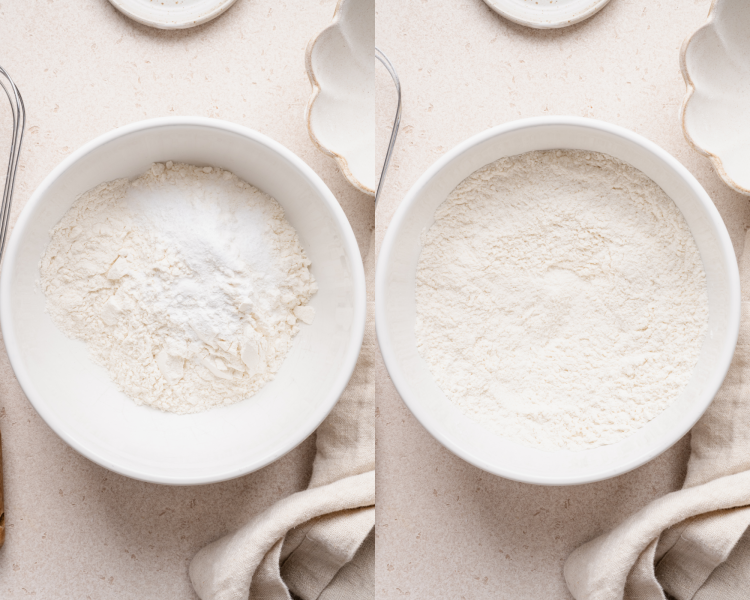Side-by-side image of whisking dry ingredients together in a mixing bowl.