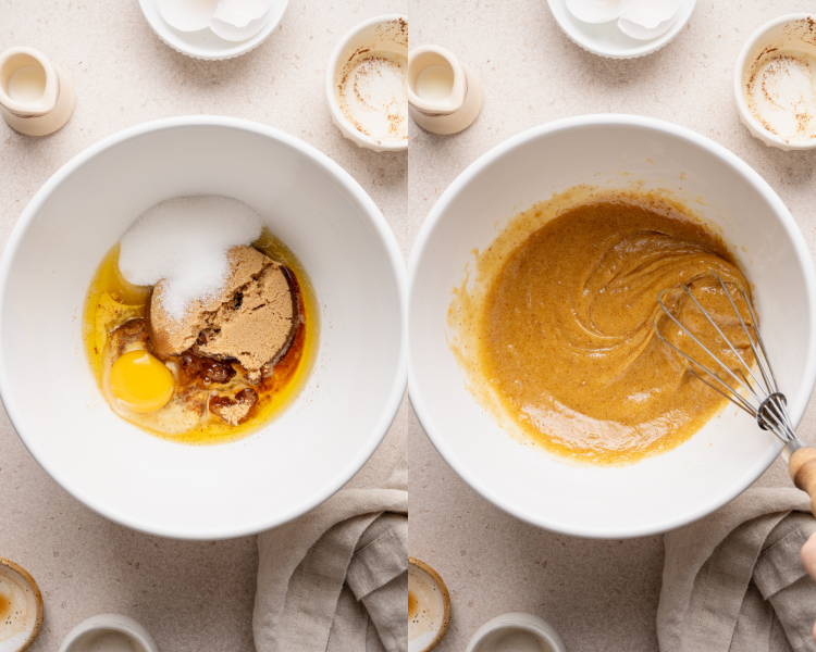 Side-by-side image of adding the rest of the wet ingredients to the browned butter and mixing to combine.