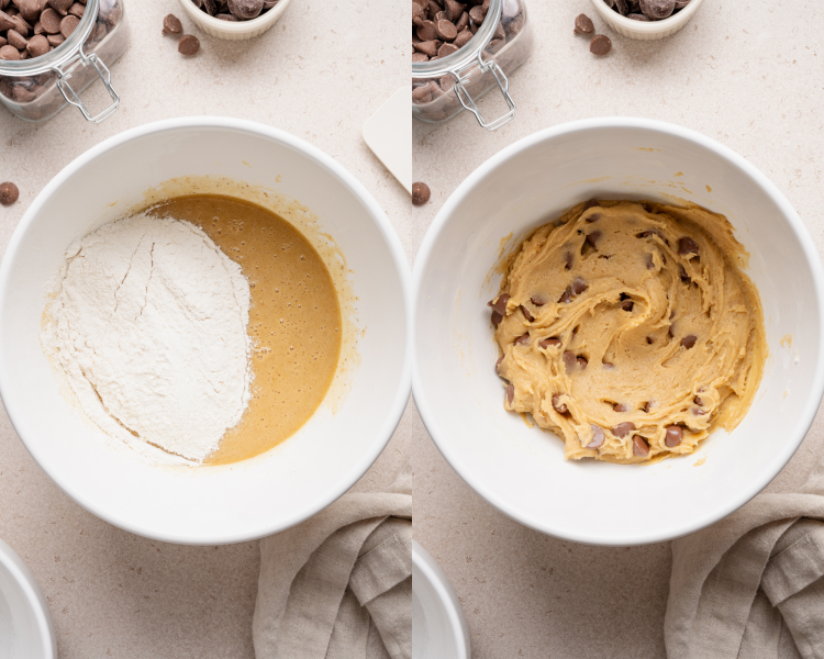 Side-by-side image of combining all the ingredients in a mixing bowl.