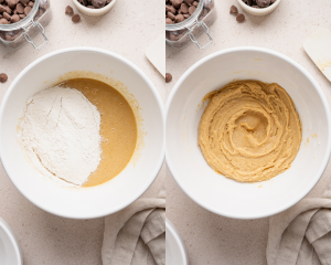 Side-by-side image of adding dry ingredients to the wet and mixing to combine.