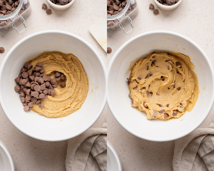 Side-by-side image of adding chocolate chips to the cookie dough then mixing until combine.