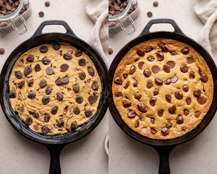 Side-by-side image of cookie dough poured into cast iron then baked for 15-17 minutes.