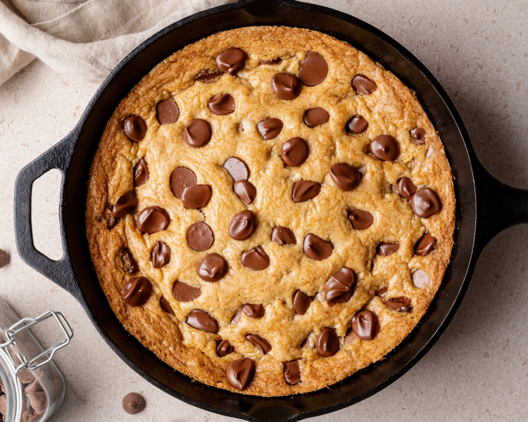 Cast iron skillet cookie baked in skillet.